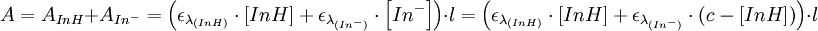 A = A_{InH} + A_{Inˆ-} = \left(
\epsilon_{\lambda_{(InH)}} \cdot \left[ InH \right] + \epsilon_{\lambda_{(Inˆ-)}} \cdot \left[ Inˆ- \right]
\right) \cdot l
= \left( \epsilon_{\lambda_{(InH)}} \cdot \left[ InH \right] + \epsilon_{\lambda_{(Inˆ-)}} \cdot \left( c - \left[ InH \right] \right)
\right) \cdot l 