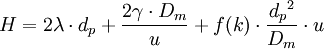 H = 2\lambda \cdot d_p + \frac {2\gamma \cdot D_m}{u} + f(k) \cdot \frac {{d_p}ˆ2}{D_m} \cdot u