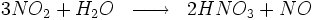 \begin{matrix} & \\ 3NO_2 + H_2O & \overrightarrow{\qquad} & 2HNO_3 + NO \\\end{matrix}