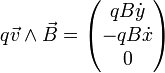 q \vec v \wedge \vec B = \begin{pmatrix} qB\dot y  \\ -qB \dot x  \\ 0 \end{pmatrix}