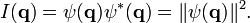 I(\mathbf{q})= \psi(\mathbf{q}) \psiˆ*(\mathbf{q})=\|\psi(\mathbf{q})\|ˆ2.