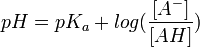 pH = pK_a + log(\frac{[Aˆ-]}{[AH]})